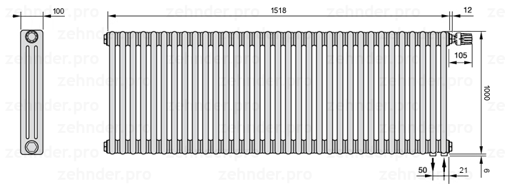 Схема (чертеж) Радиатор Zehnder Charleston 3100/33 №V002 Белый глянцевый RAL 9016